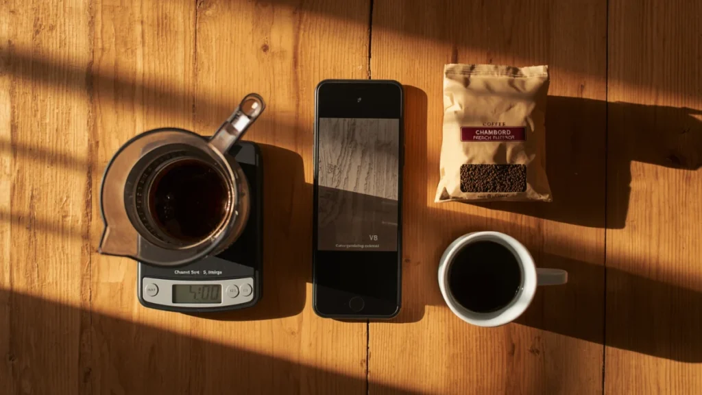 Complete French press brewing setup with Chambord-style press, digital scale, coarse coffee grounds, and timer showing 4 minutes