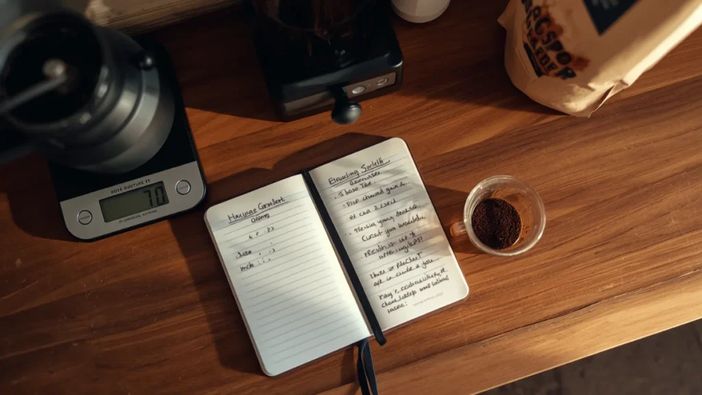 Brewing notebook with grinder settings and dose notes next to a manual burr grinder and coffee scale