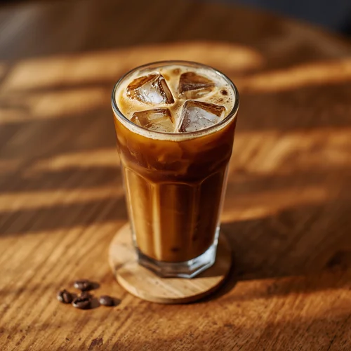 Finished iced coffee in a tall glass with ice cubes and a spoon