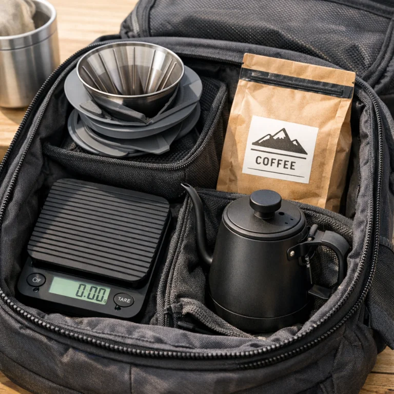 Compact mini coffee scale inside a travel bag with portable pour over equipment