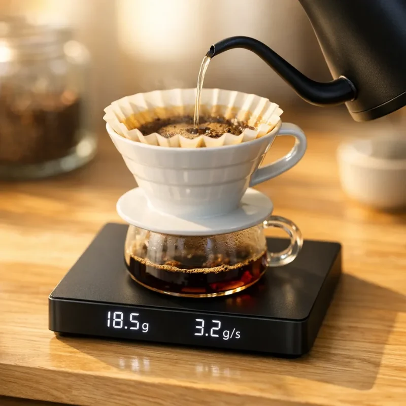 Matte black pour over coffee scale showing weight and flow rate display during active pour