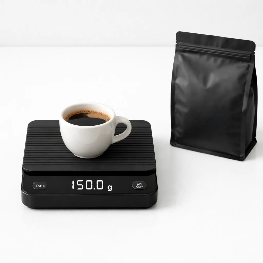 Simple digital budget coffee scale on a white countertop with a ceramic cup and coffee beans