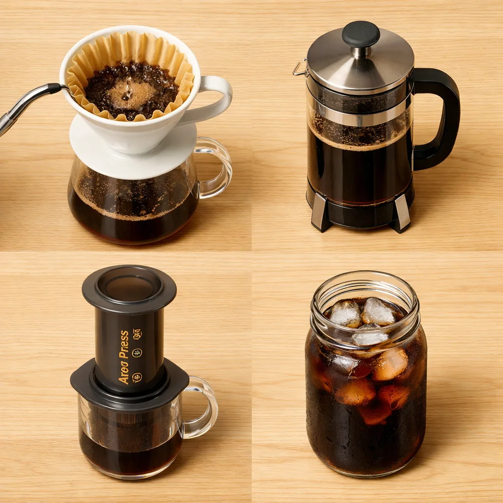 Manual conical burr grinder next to electric flat burr grinder for comparison