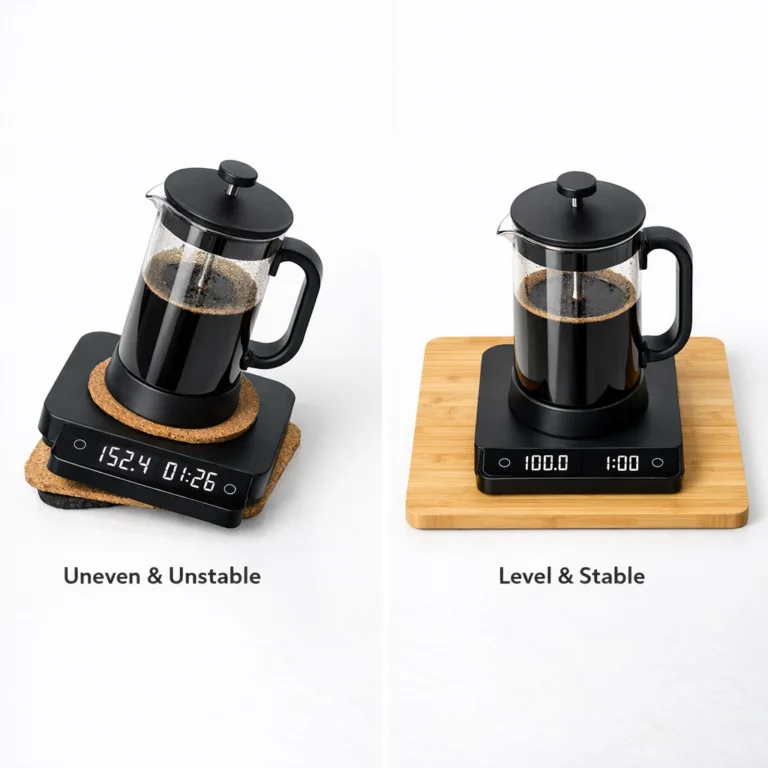 Coffee scale on uneven surface with inconsistent reading on left versus scale on flat surface with stable reading on right