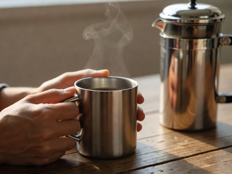 Hands wrapped around a warm stainless steel coffee mug with a double-wall French press visible in the background