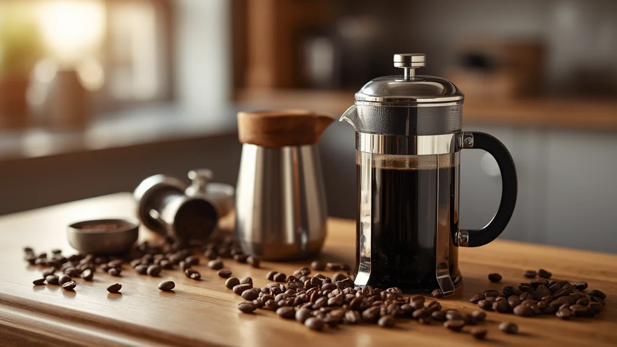 a French press coffee setup on a wooden kitchen counter, with freshly ground coffee beans, a burr grinder, a French press carafe, and a warm morning light atmosphere