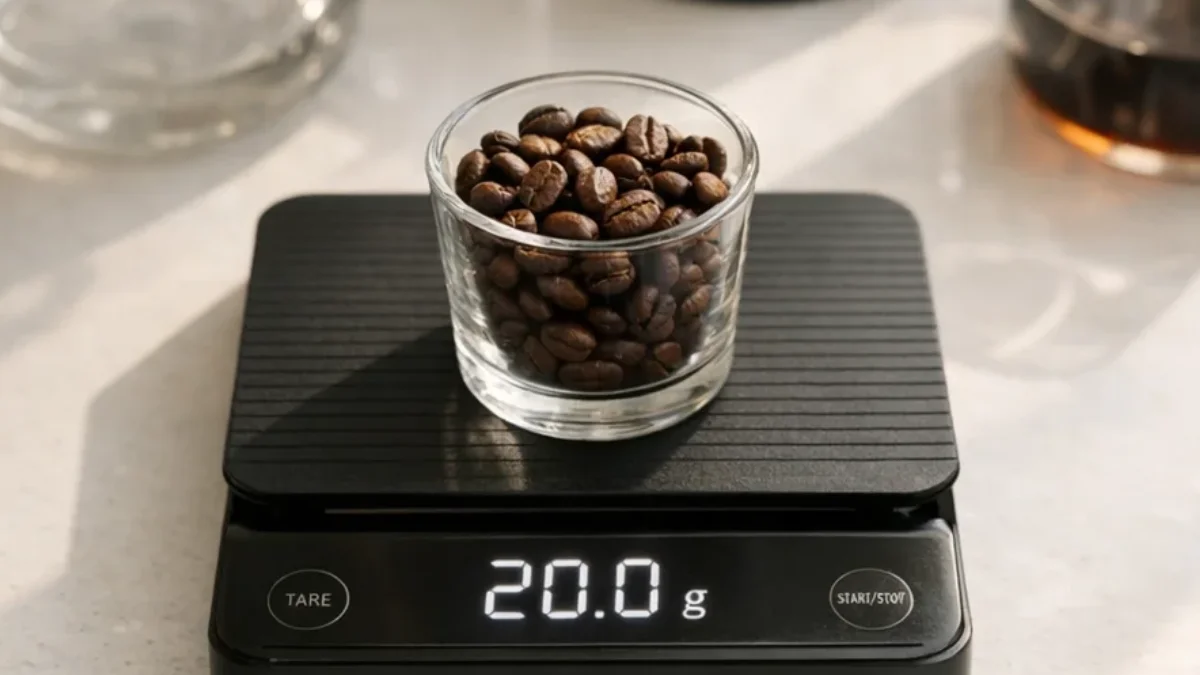 Digital coffee scale showing 20 grams of coffee beans with pour over equipment in the background