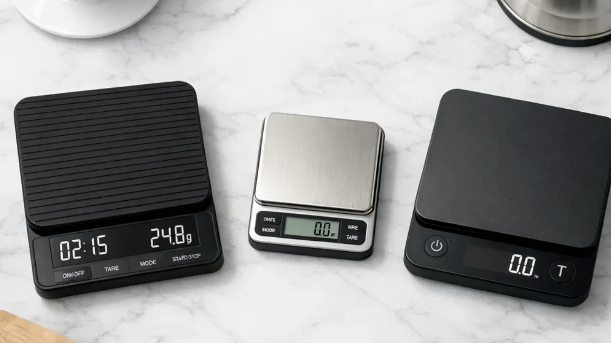 Three different coffee scales arranged with pour over equipment on a white marble surface