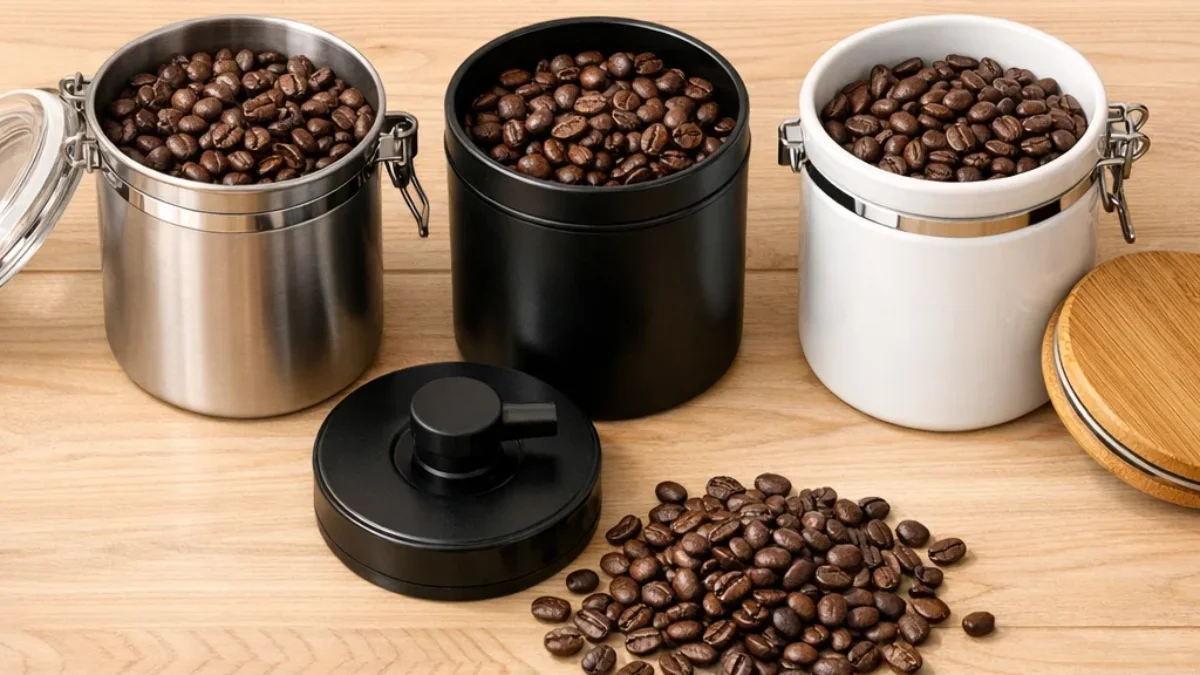 Three types of coffee storage containers — stainless steel, vacuum, and ceramic — with whole coffee beans