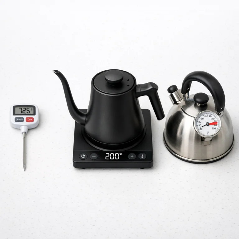 Coffee Brewing Temperature Guide: Three ways to measure coffee water temperature — instant thermometer, temperature-controlled kettle, and clipped analog thermometer