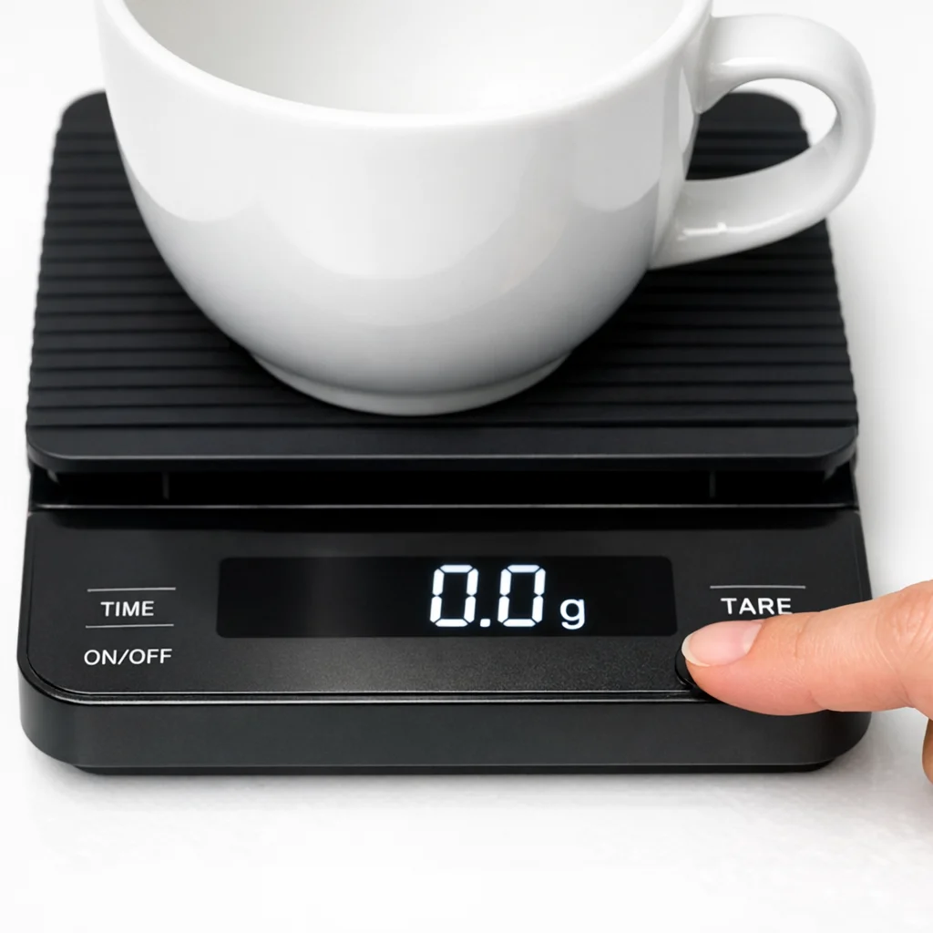  Finger pressing the tare button on a coffee scale with a ceramic cup on the platform showing zero
