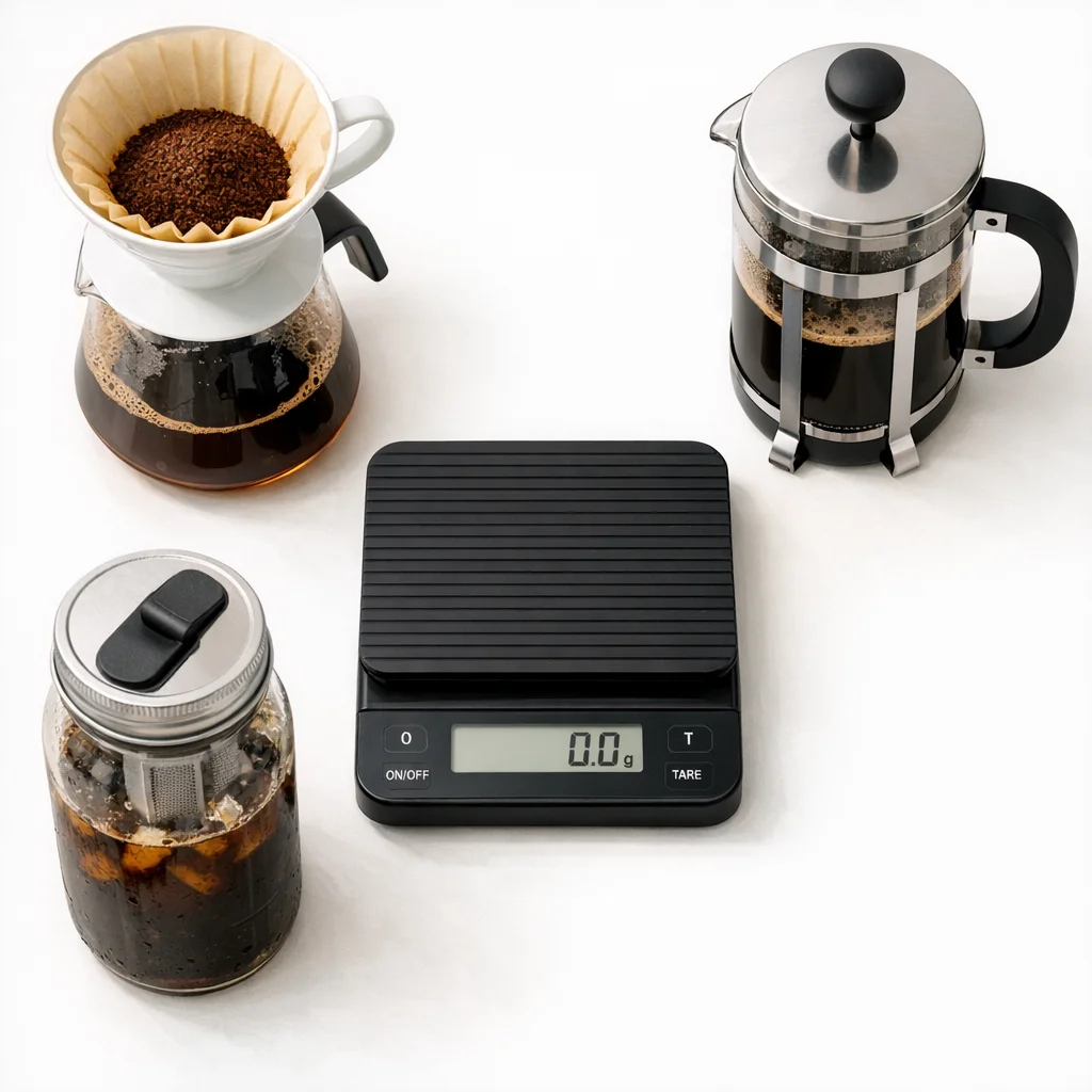  Coffee scale surrounded by pour over dripper, French press, and cold brew jar showing its use across multiple brewing methods