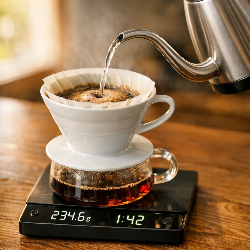 Gooseneck kettle pouring into pour over dripper on a coffee scale showing weight and timer simultaneously
