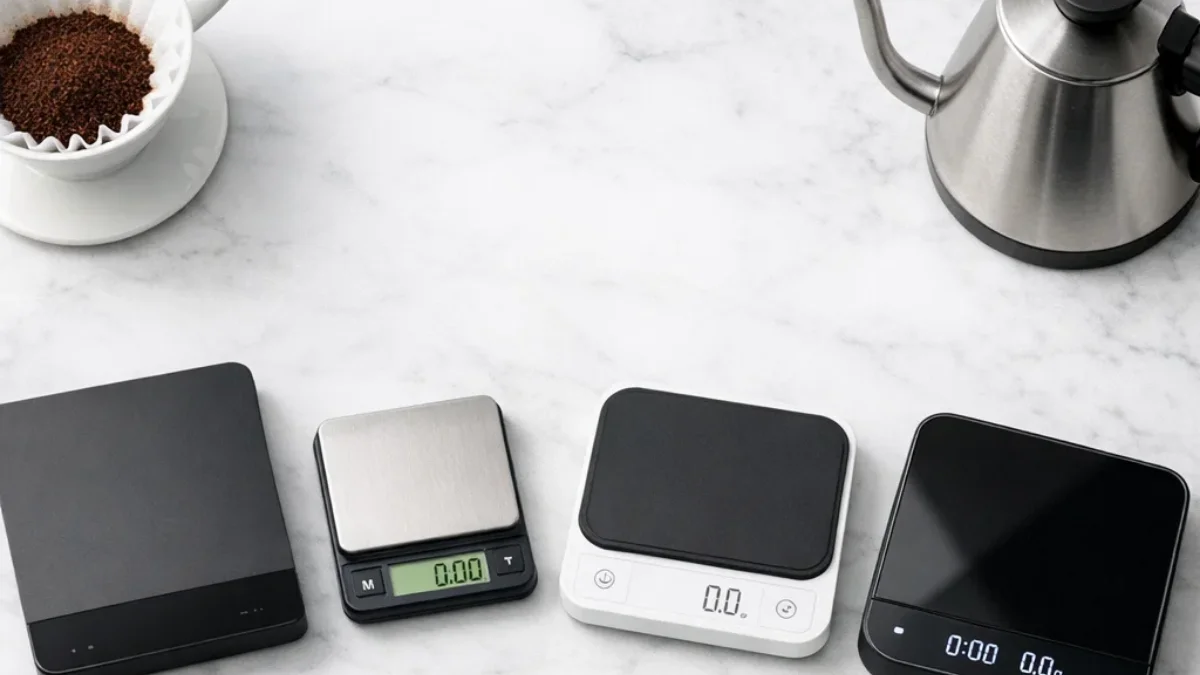 Four different coffee scales arranged with pour over equipment on a white marble surface for comparison