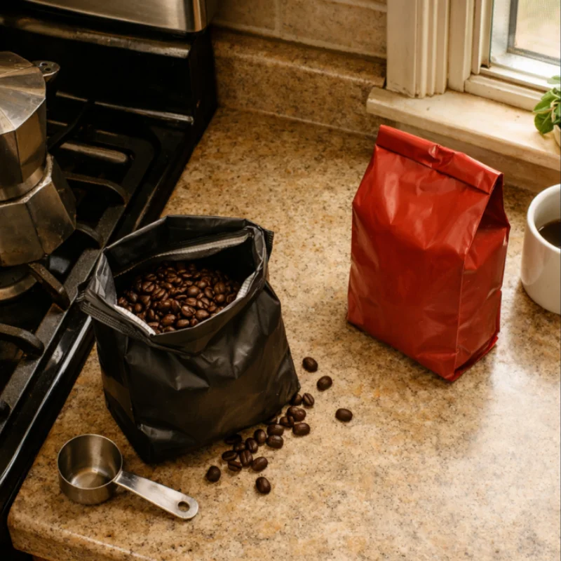  Coffee stored incorrectly near a stovetop and in direct sunlight showing common storage mistakes