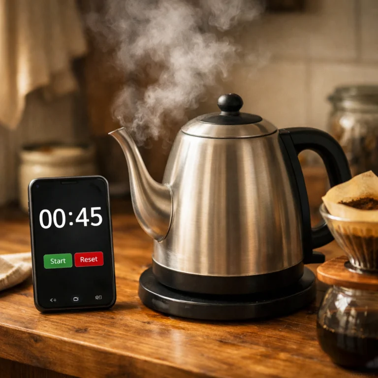 Kettle resting off heat with timer showing 45 seconds — the waiting period before pouring