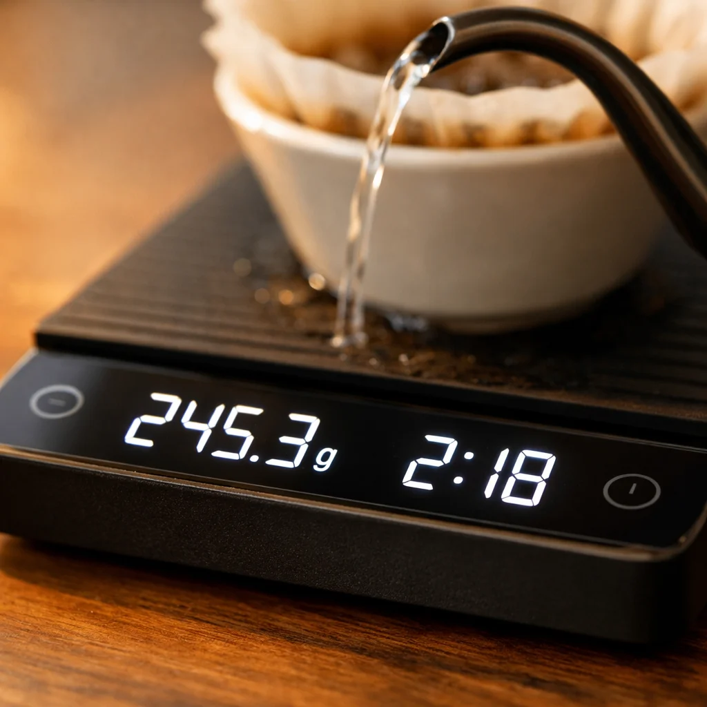 Coffee scale display showing 245 grams and 2 minute 18 second timer during active pour over pour
