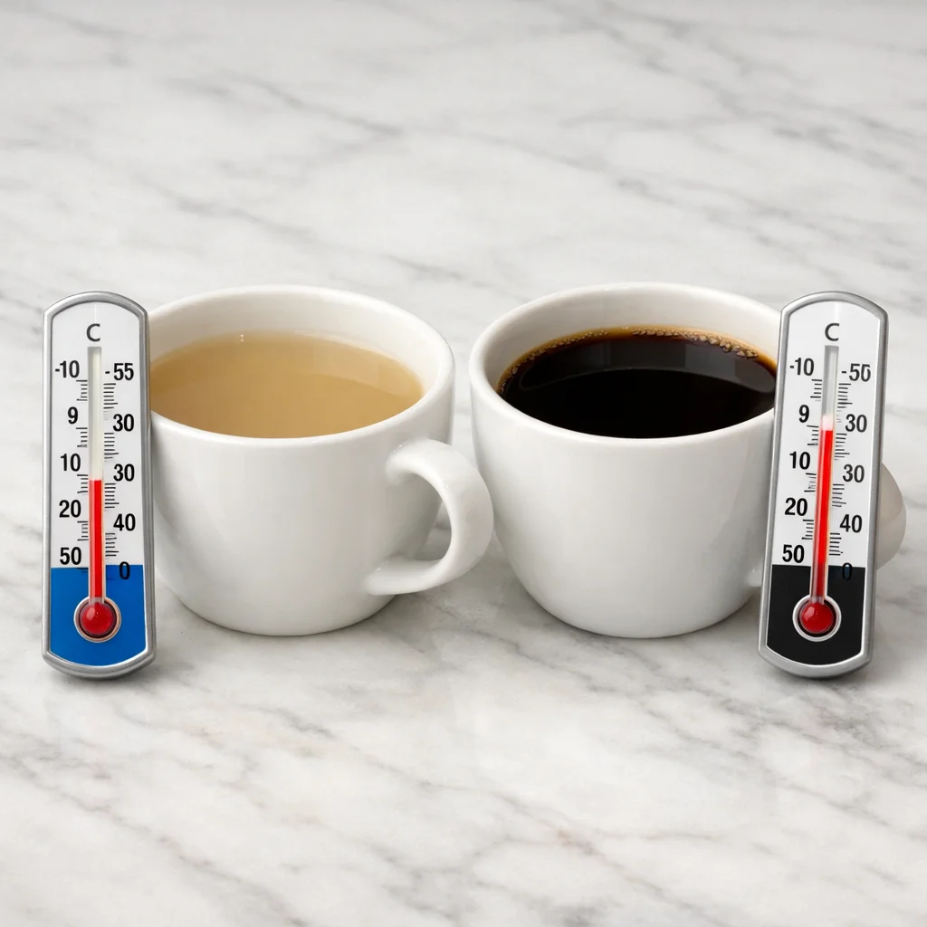 Two cups showing under-extracted coffee from cool water and over-extracted coffee from water that is too hot