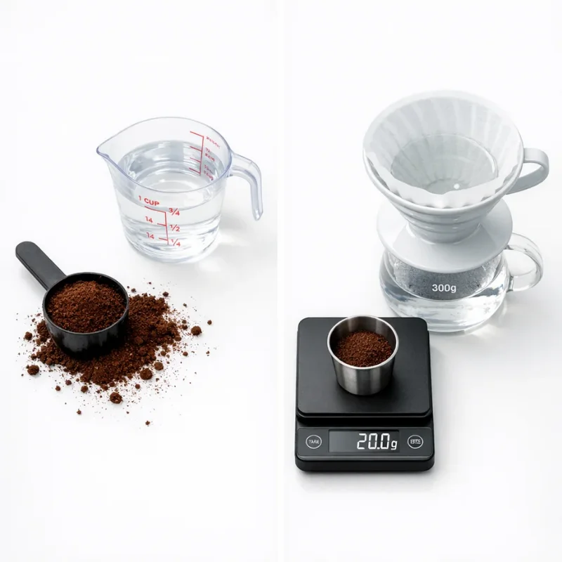 Volume-based coffee measurement on the left versus precise digital scale measurement on the right showing the difference in consistency