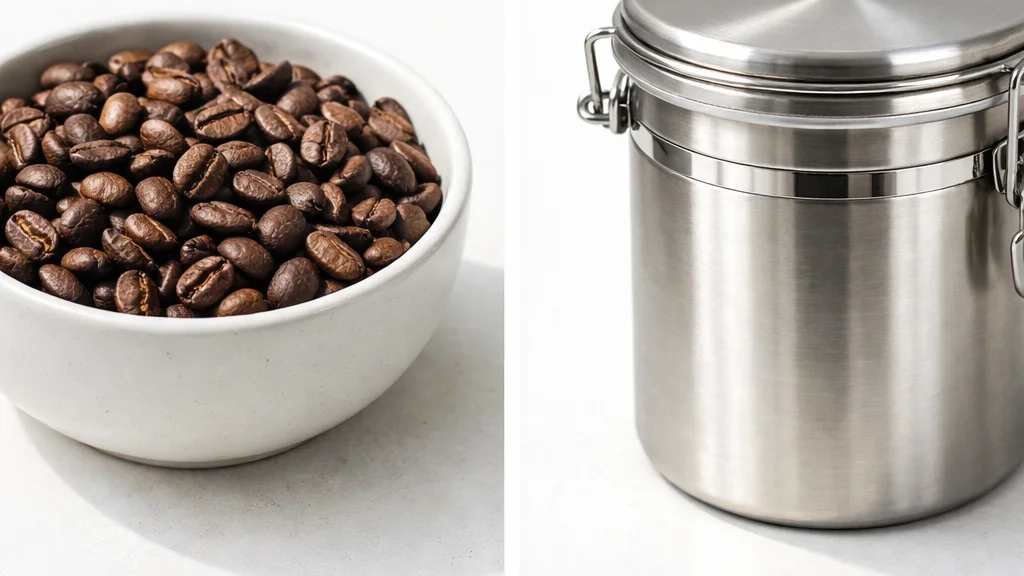 Coffee beans left exposed in an open bowl versus properly sealed in a stainless steel coffee canister
