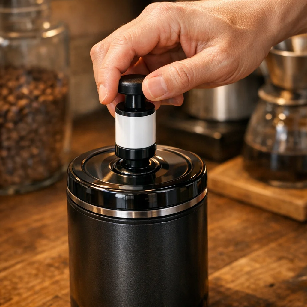 Hand using a pump to vacuum-seal a coffee storage canister