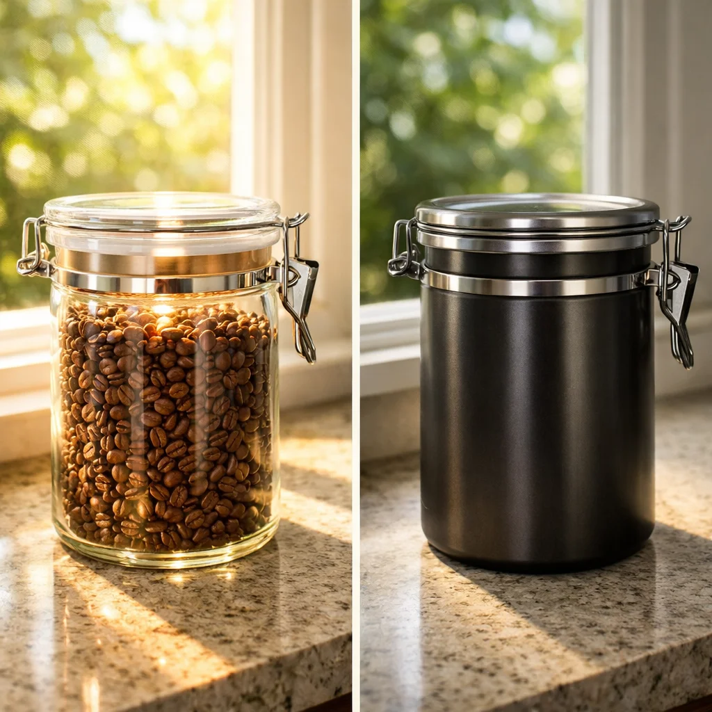 Glass coffee canister with light passing through beans on left versus opaque stainless steel canister blocking light on right