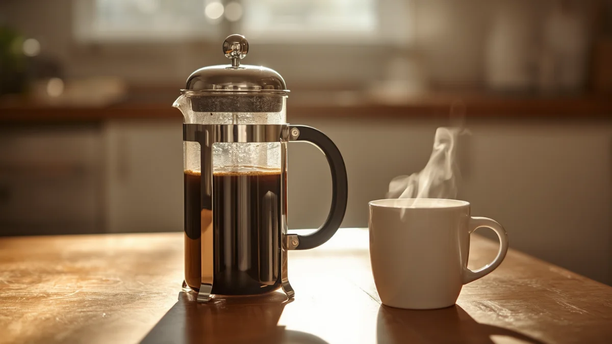 Bodum Chambord French press with freshly brewed coffee on a wooden table in warm morning light
