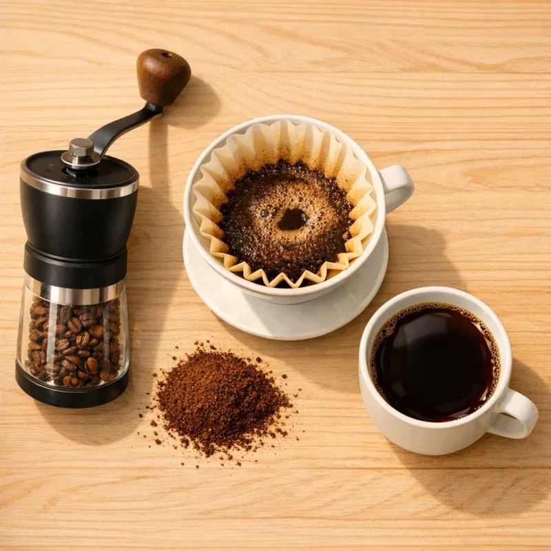 ai_6a4c72ed9b7a49.72869791 Manual conical burr grinder next to a V60 pour over dripper with freshly ground coffee