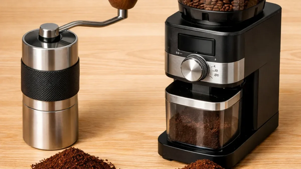 Manual conical burr grinder next to electric flat burr grinder for comparison