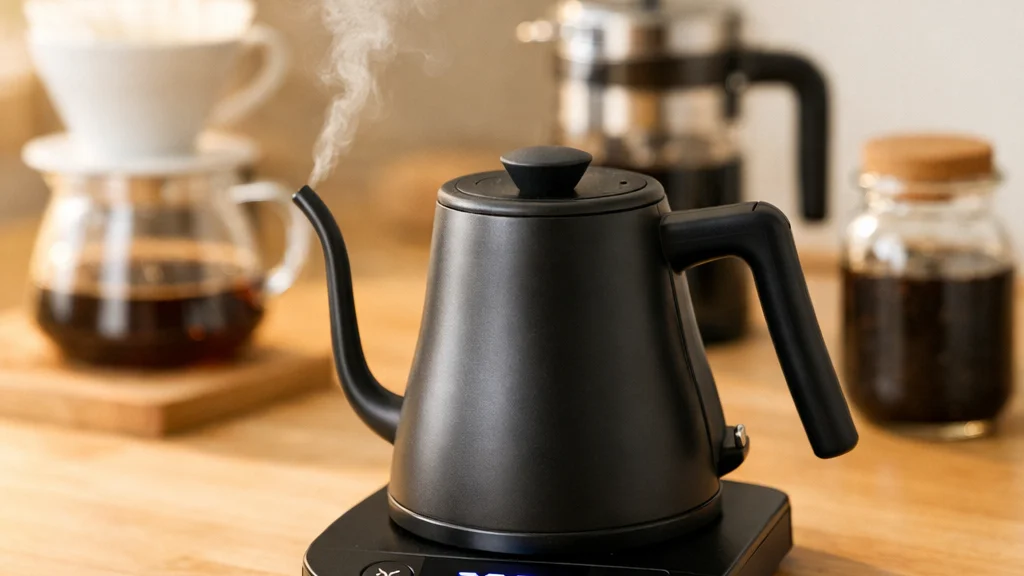 Temperature-controlled gooseneck kettle showing 200°F next to coffee brewing equipment