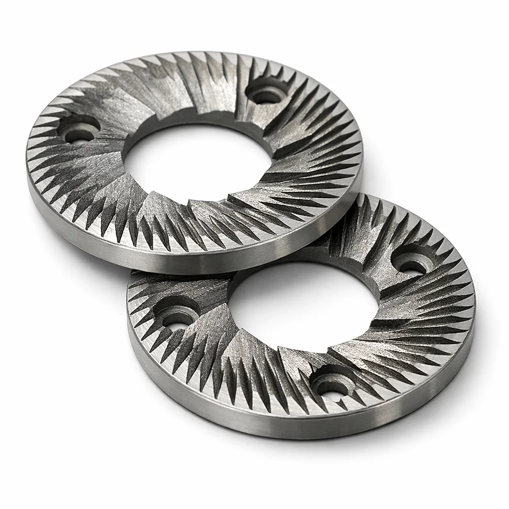 ai_6a4c727c468216.26729319 conical vs flat burr grinders: Close-up of a flat burr disc pair showing parallel grinding surfaces