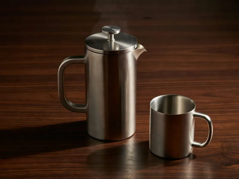 Brushed stainless steel double-wall French press on a dark walnut surface with steam rising from the spout