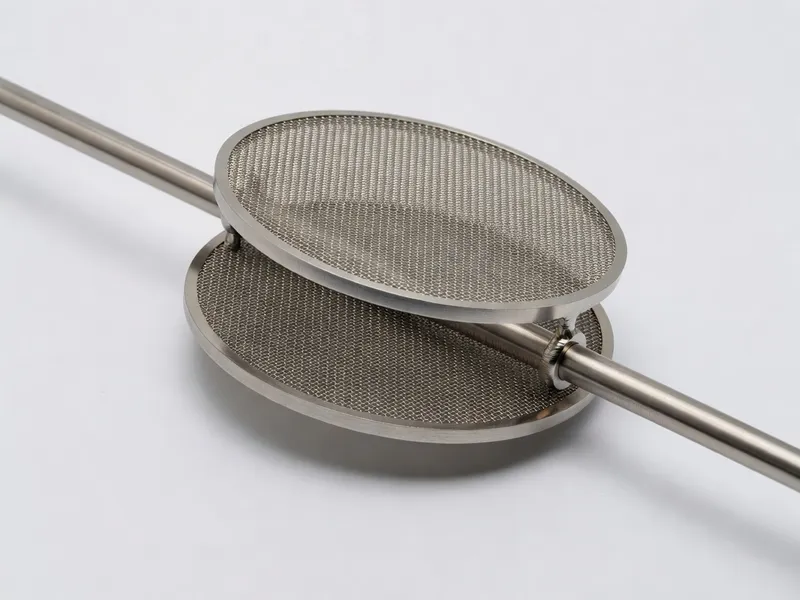 Close-up of a two-stage stainless steel French press filter system showing the fine mesh construction