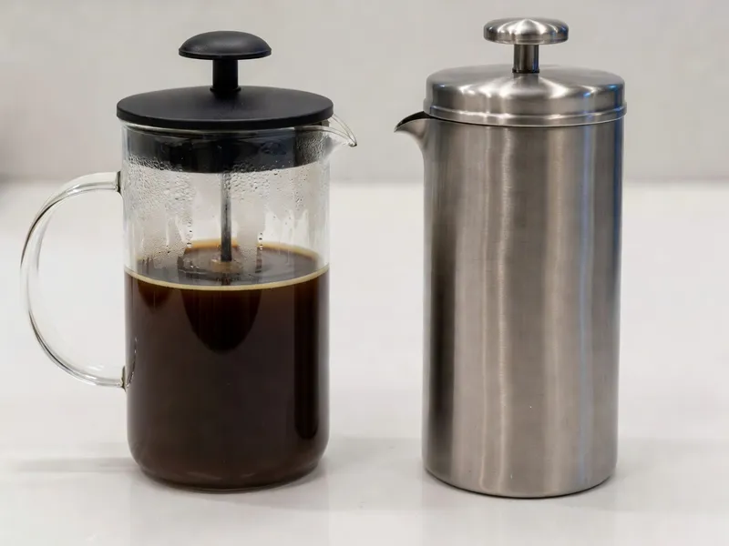 Glass French press showing cooling coffee on the left versus insulated stainless steel French press maintaining heat on the right