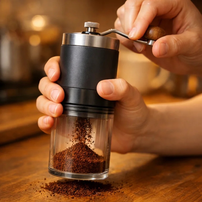 ai_6a4c7348868408.00651897 Hands using a manual conical burr grinder with fresh coffee grounds collecting below
