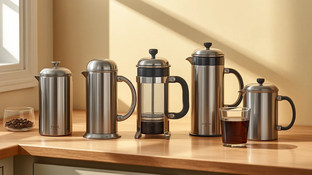 Five insulated stainless steel French press coffee makers of varying sizes on a cream kitchen counter