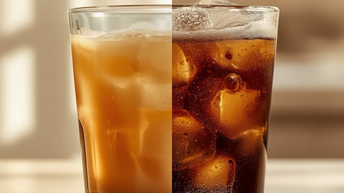 Translucent watery iced coffee beside a rich dark glass of cold brew over ice