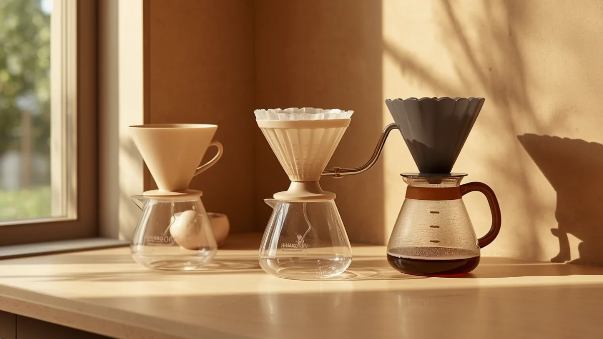 Three Hario pour-over drippers (cone, hybrid, flat-bottom) on a kitchen counter
