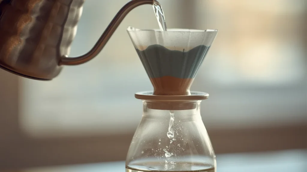 Cone-shaped ceramic pour-over dripper on a glass carafe being poured from a gooseneck kettle