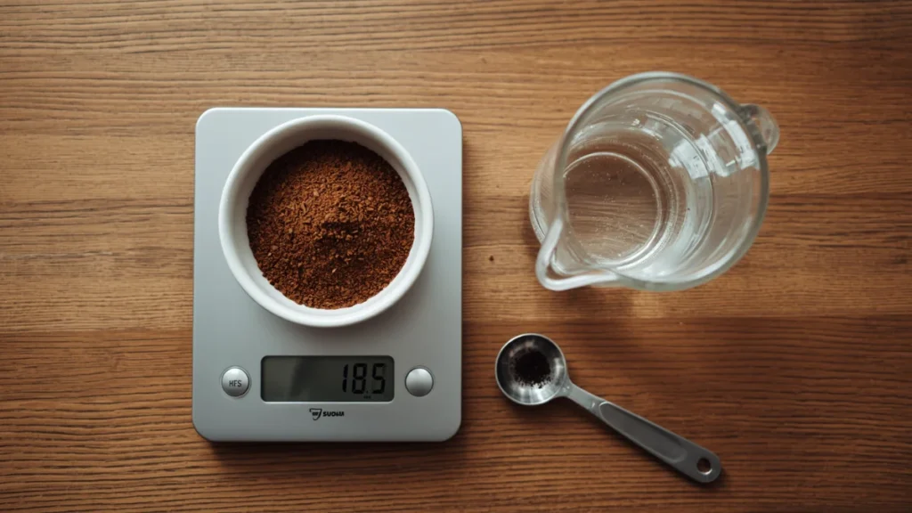 Kitchen scale weighing coarse coffee grounds with a pitcher of water for cold brew ratio