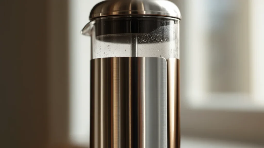 Close-up of a tall stainless steel French press showing vacuum double-wall insulation