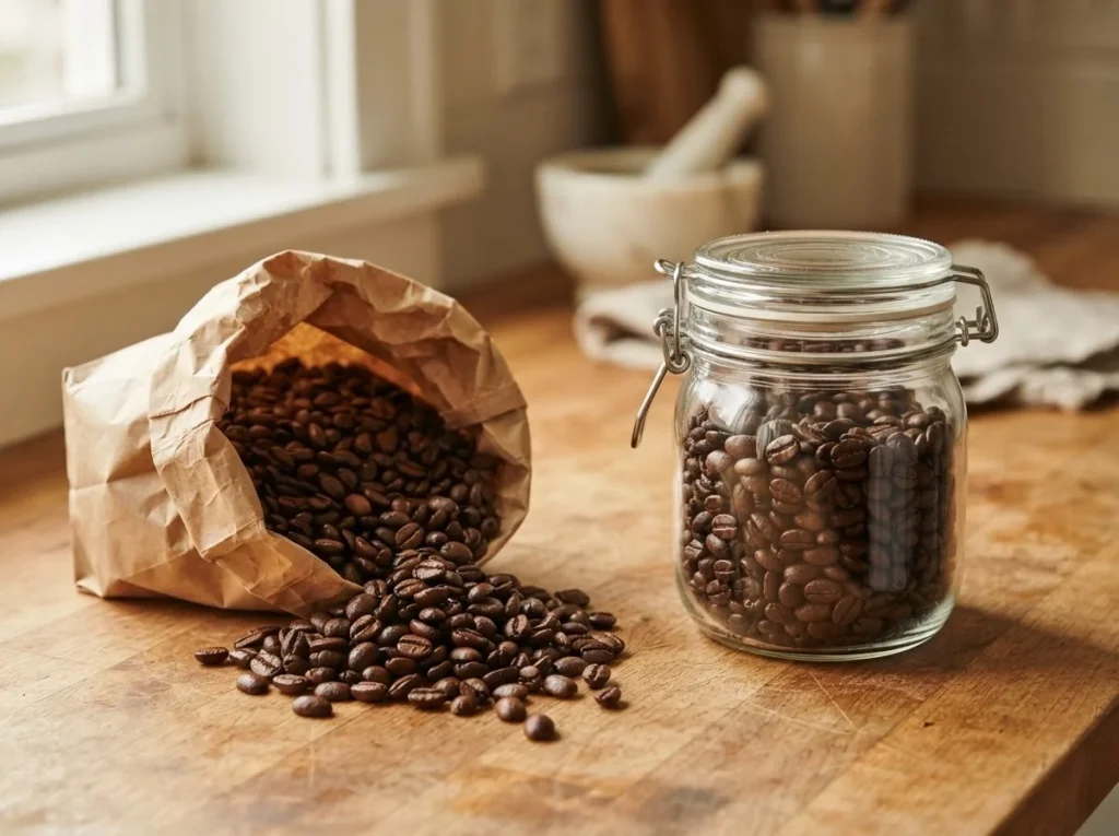 Open bag of coffee beans beside a sealed glass canister showing the difference in freshness Where: Under the "First, why coffee goes stale at all" heading — open vs sealed tells the oxygen story without words.
