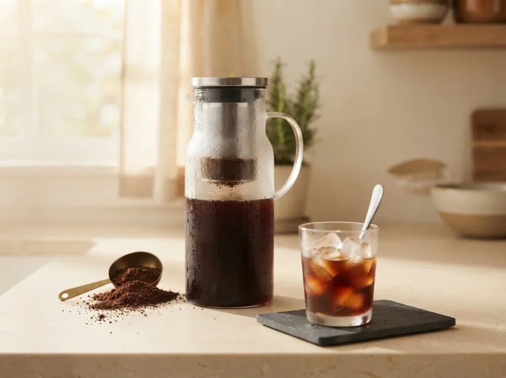 Cold brew coffee maker steeping with a stainless filter basket in a glass carafe