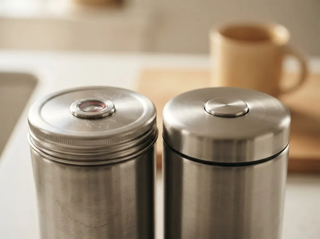 Close-up of vacuum canister twist lid and airtight canister button lid Where: In the "The two families of canisters, explained" section — shows the physical difference between the seal mechanisms.
