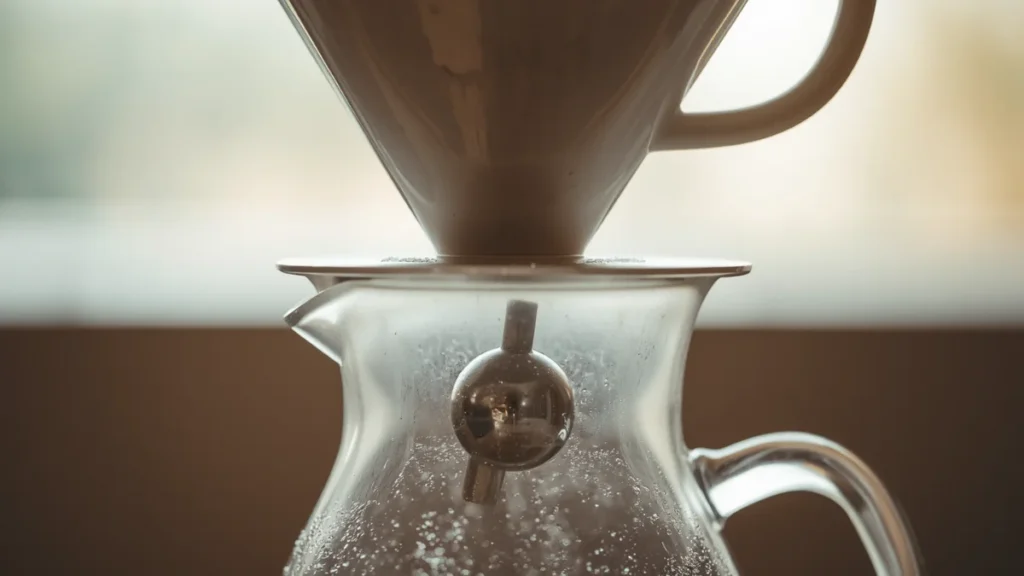 Close-up of a clear plastic hybrid pour-over dripper with a metal ball valve
