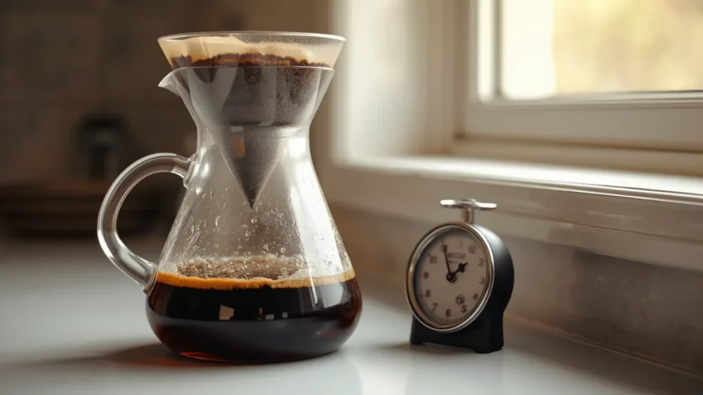 Cold brew carafe steeping with a filter basket of grounds and a kitchen timer, 24 hours