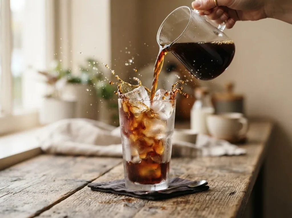 Pouring cold brew coffee concentrate over ice cubes in a tall glass