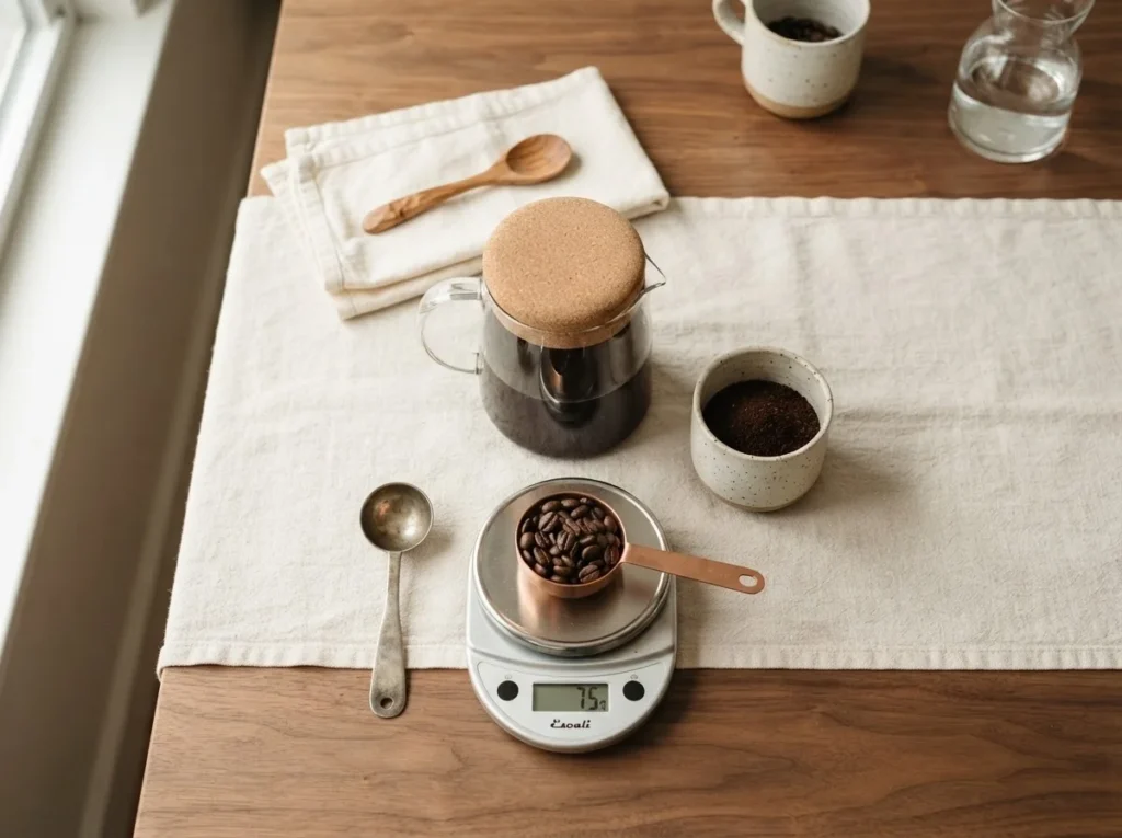Cold brew ratio setup with coffee concentrate, coarse grounds and a kitchen scale