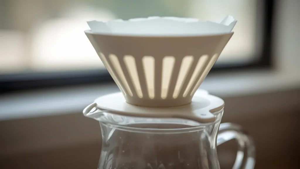 Flat-bottom plastic pour-over dripper on a glass carafe showing the slitted bottom geometry