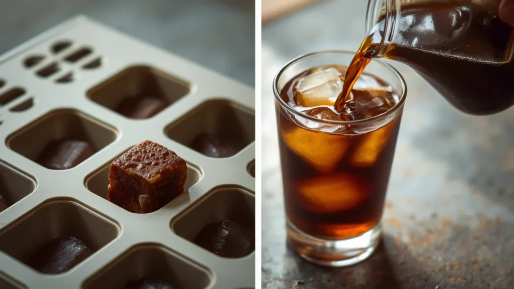 Coffee ice cubes in a tray and in a tall glass of cold brew prevent watery dilution